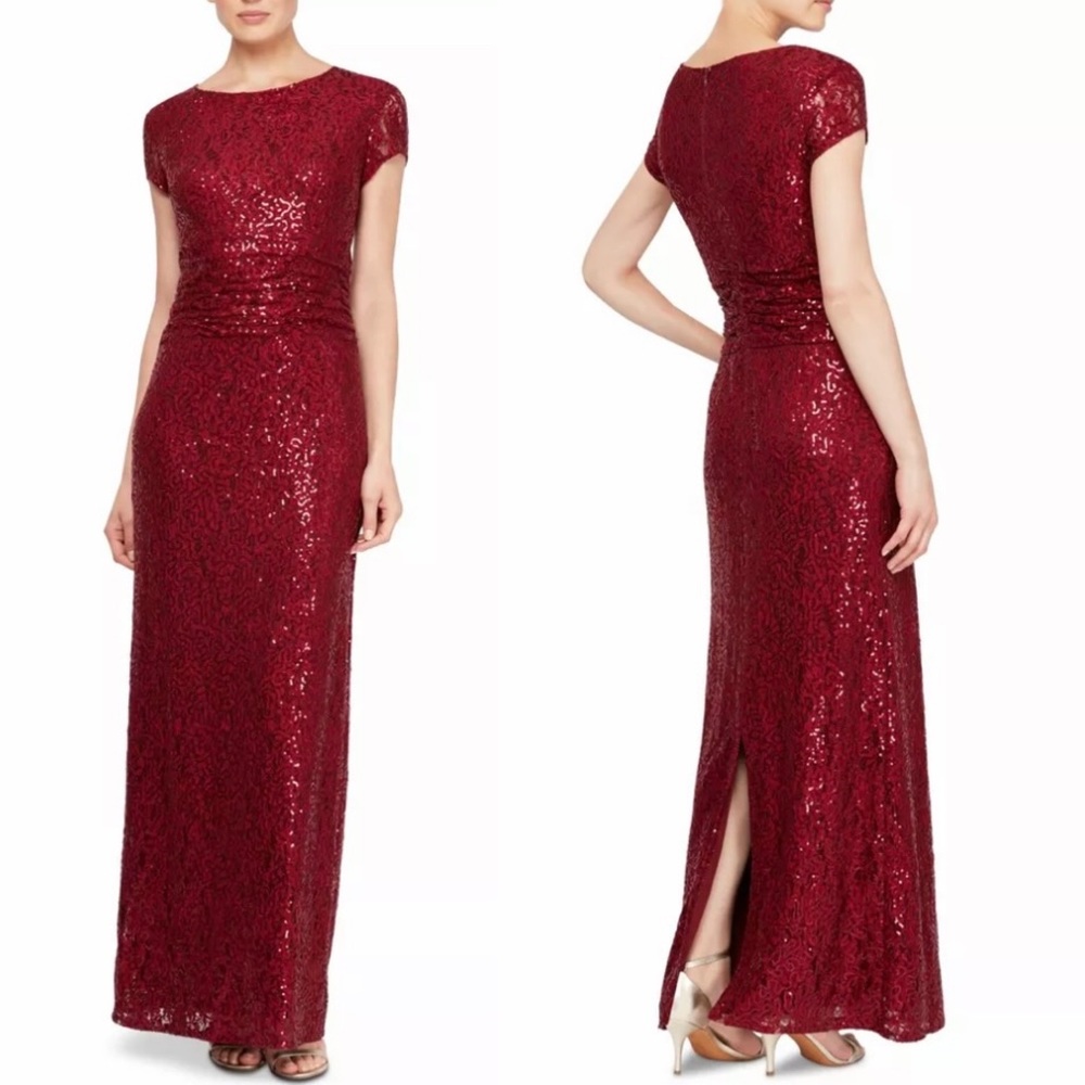 SLNY Women's Gown Dress Garnet Red Size 10 Sequined Lace Short Sleeve